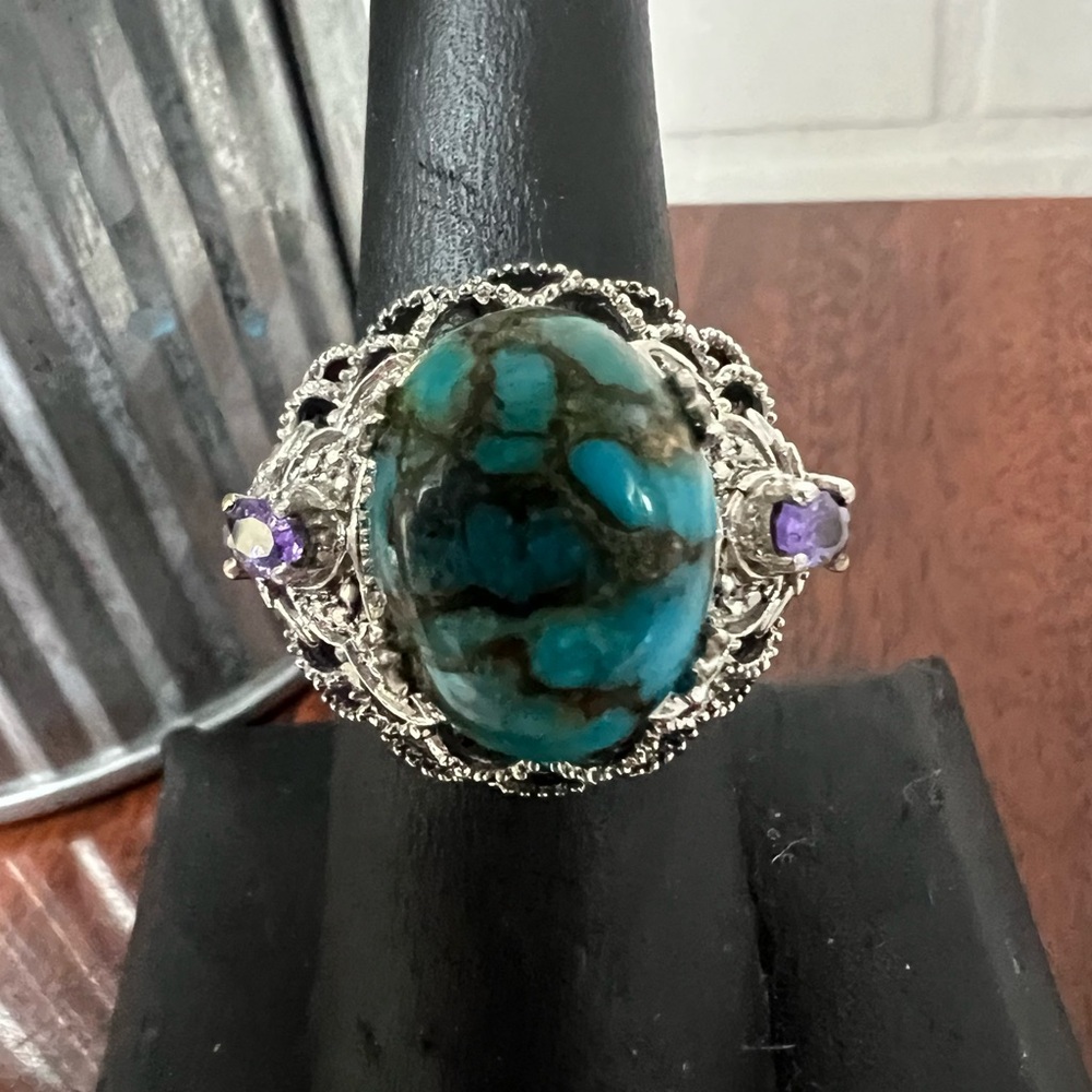Beautiful Karis Turquoise and Amethyst Gemstone 925 Sterling Silver Ring Size 7